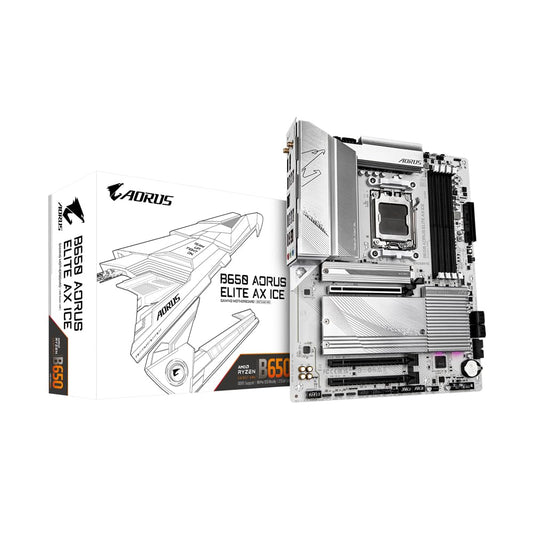 Placa de bază GIGABYTE B650 AORUS ELITE AX ICE – Suportă procesoare AMD Ryzen 9000, VRM digital cu 12+2+2 faze, până la 8000 MHz DDR5 (OC), 1xPCIe 5.0 + 2xPCIe 4.0 M.2, Wi-Fi 6E, LAN 2.5GbE, USB 3.2 Gen 2x2