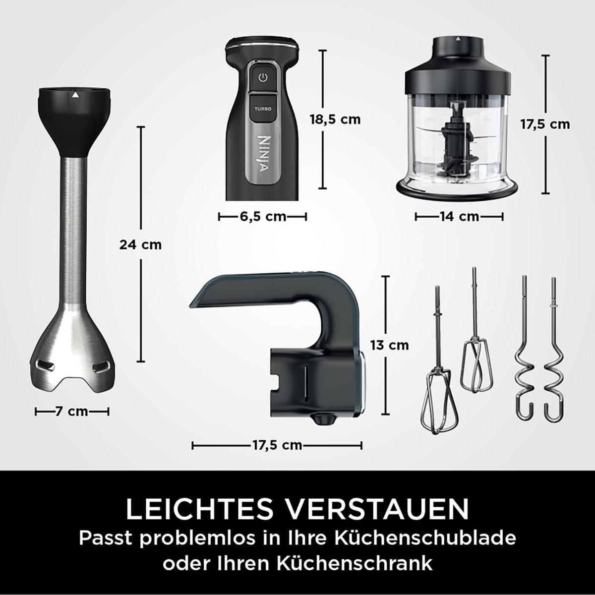 Ninja Foodi 3-in-1 Stabmixer, Handmixer & Zerkleinerer, cu pornire treptată, 2 viteze de amestecare și 5 viteze de frământare pentru tocat, amestecat, frământat și multe altele, lavabil în mașina de spălat vase, 850W, Negru CI100EU