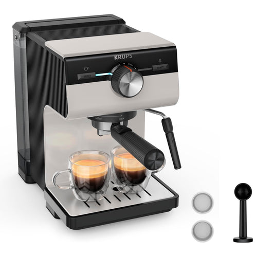 Krups Authentic Espresso-Masina cu portafiltru, 15 bar, utilizare intuitivă, design rafinat, duză de abur integrată, rezervor de apă de 2 L, inclusiv accesorii, Gri/Crem, XP381B10