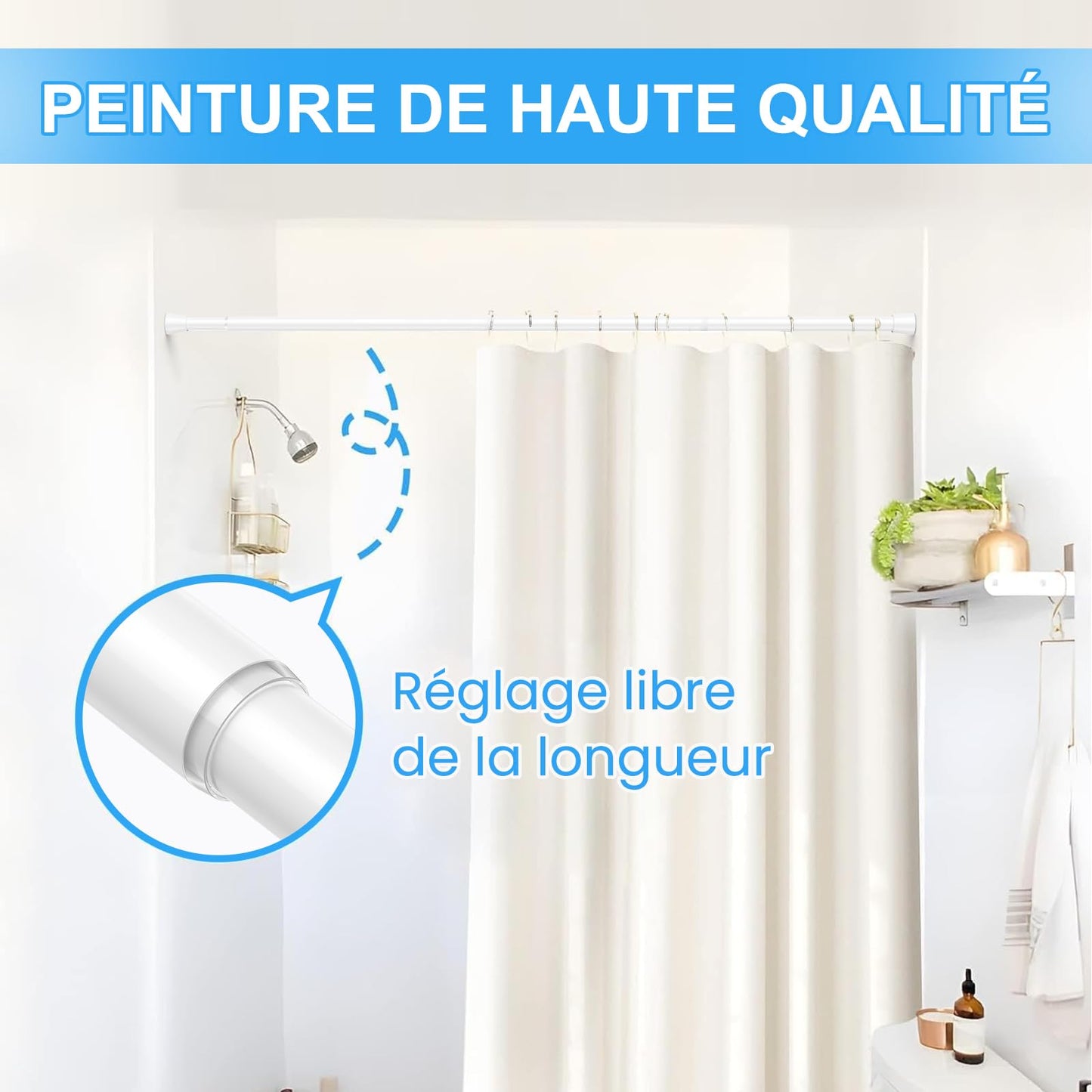 ZipGlo shower curtain rod 115-195cm extendable for bathroom window wardrobe without drilling white 1 piece diameter 22mm - 110-190CM