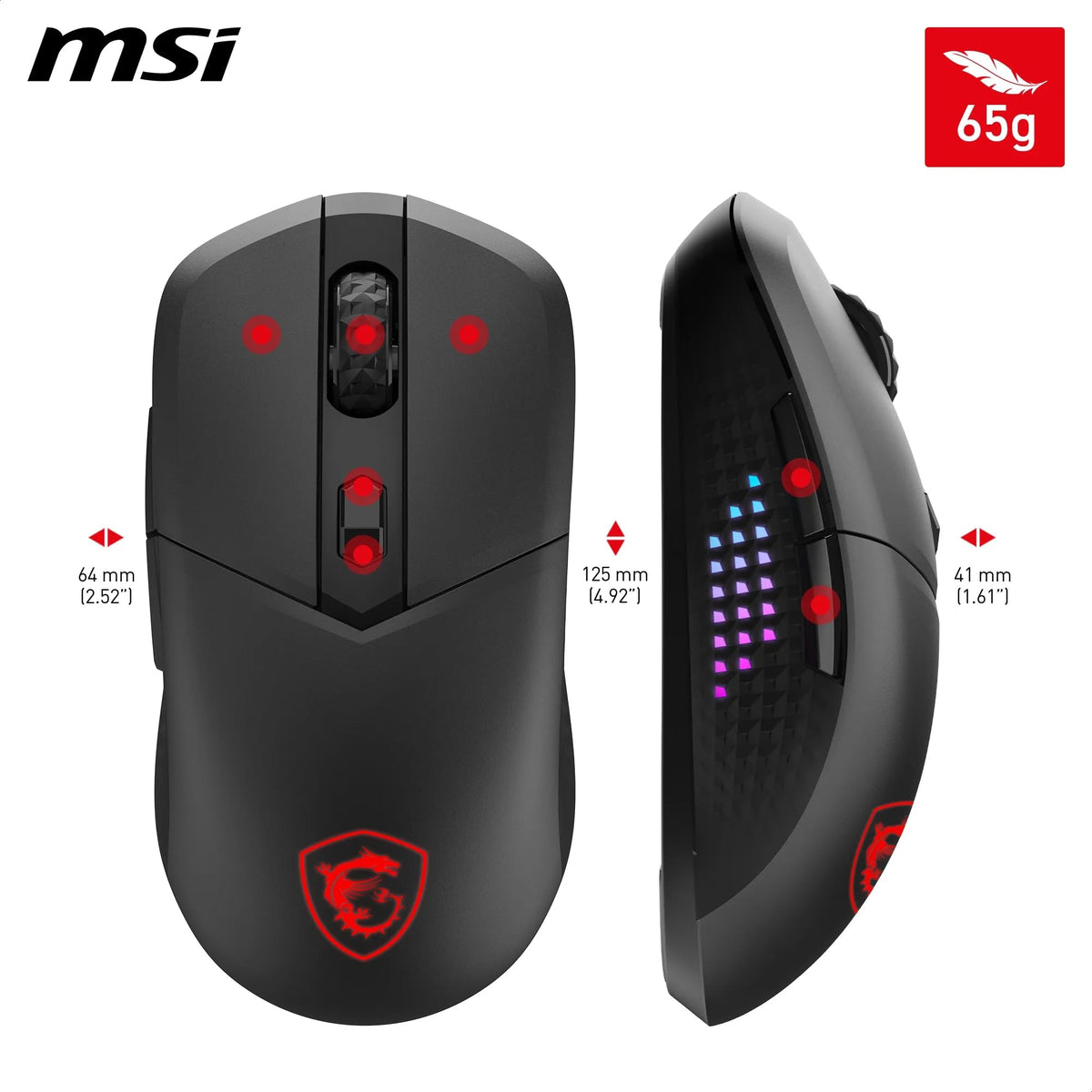 MSI Versa 300 Elite Wireless Gaming-Maus – senzor optic de 26.000 DPI, rată de polling de 1000 Hz, simetrică, switch-uri OMRON de 60 milioane de clicuri, baterie de 200 de ore, latență de 1 ms, RGB, 65 g – cablată/fără fir - S12-4301290-CLA