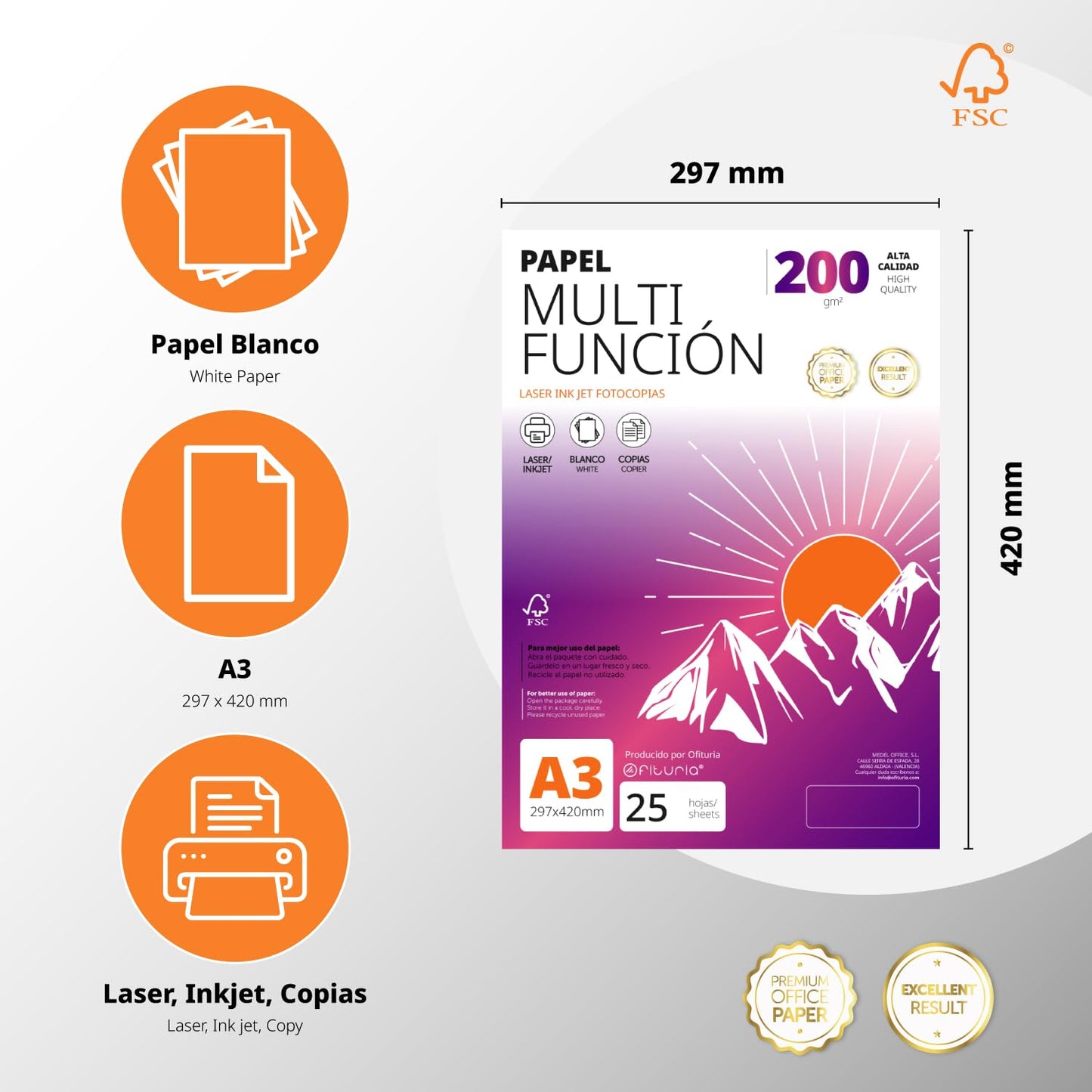 A3 Paper 200g 400 Sheets, Multifunctional Paper for Printers, Paper for Projects, Illustration, Lettering, Professional Creative Projects, A3 Office Paper, School Supplies - Ofituria (200g, 400 Sheets) - COM0574