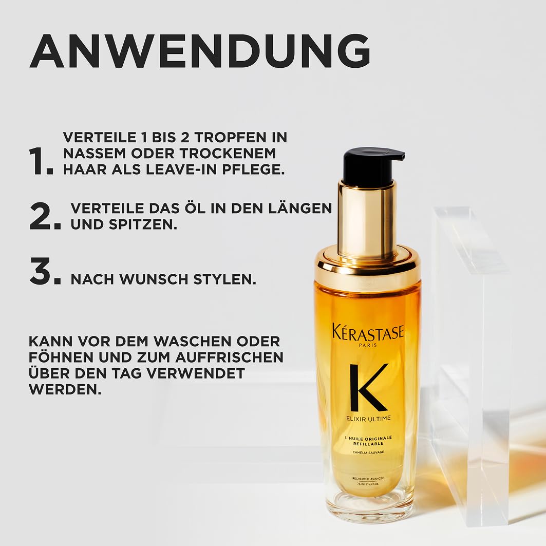 Kérastase Huile Originale Elixir Ultime, hair oil for dry hair, nourishing and protective for more shine without weighing it down, heat protection and anti-frizz, refillable, 75 ml - E4166700