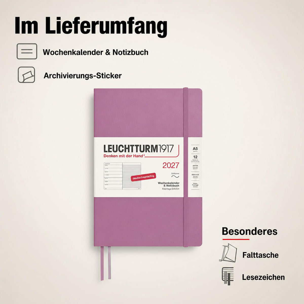 LEUCHTTURM1917 Calendar săptămânal 2027 Mediu (A5) cu caiet - Planificator de întâlniri german, Trandafir praf, Copertă moale, ianuarie-decembrie 2027, Prezentare generală săptămânală în stânga + Pagina de note în dreapta - 400066