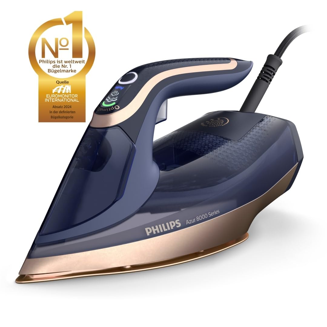Philips Azur 8000 Series Steam Iron - 85 g/min continuous steam, 260 g turbo steam boost, 3000W, OptimalTEMP technology, SteamGlide Elite soleplate, dark blue (DST8050/20)