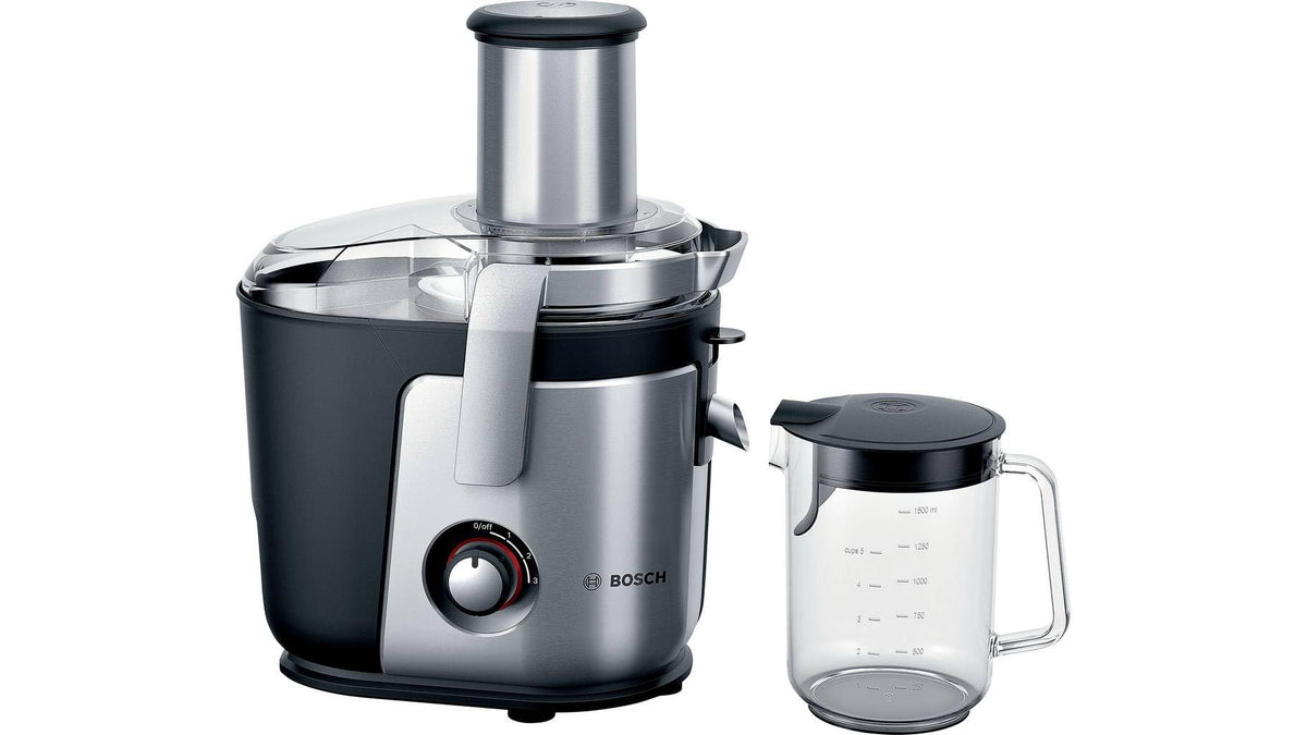 Bosch XXL Entsafter, pentru fructe și legume, cantități mari, canal de alimentare XXL, rapid, fără tăiere prealabilă, recipient pentru suc de 1,25l, curățare ușoară, lavabil în mașina de spălat vase, 1200 W, argintiu, VitaJuice 4 MES4010