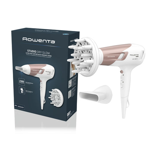 Rowenta Studio Dry Glow Hair Dryer, 2100 Watts, Hairdryer with Diffuser for Curls, 3 Temperature and 2 Speed Settings, Ion Function, Cool Air Button, White/Rose Gold, CV5830