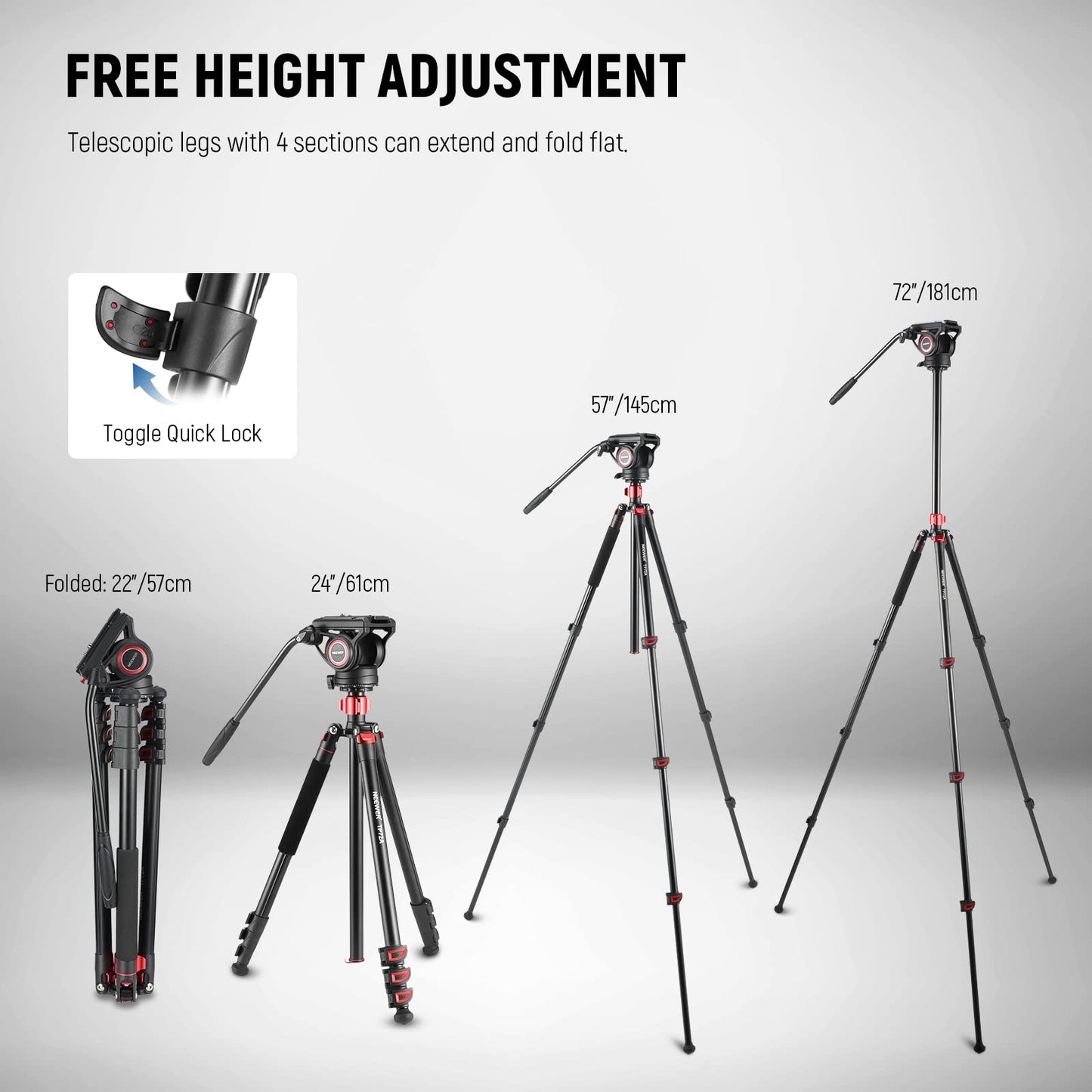 NEEWER 72" fluid head video monopod, quick release plate compatible with DJI RS Gimbal, 360° panning and +90°/-70° tilt for DSLR camera camcorder, maximum load 8kg, TP72A