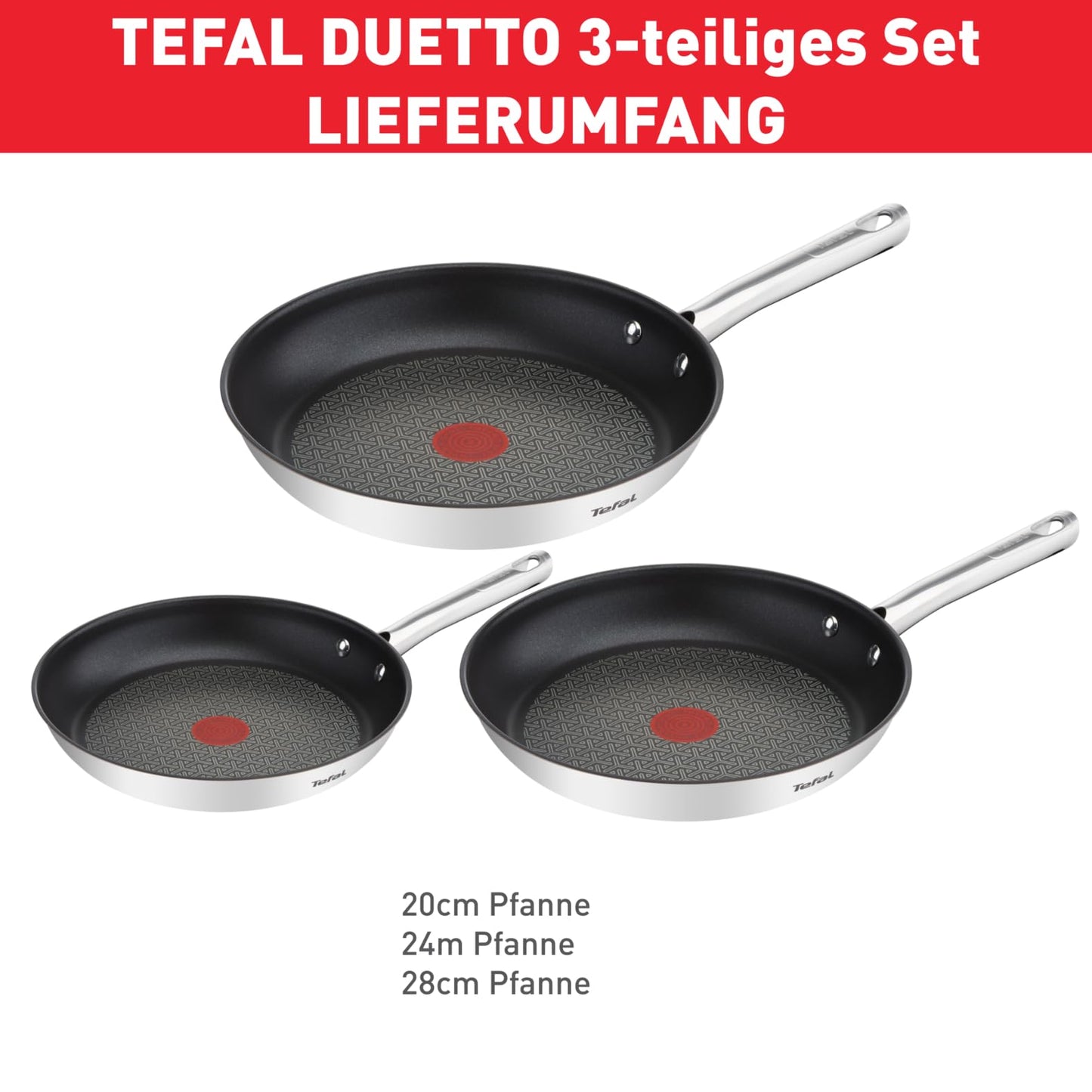 Tefal Duetto 3-piece pan set 20.24 and 28 cm, frying pans with thermo signal at ideal frying temperature, pans suitable for induction cookers, including induction cookers, A704S3 - A704S363