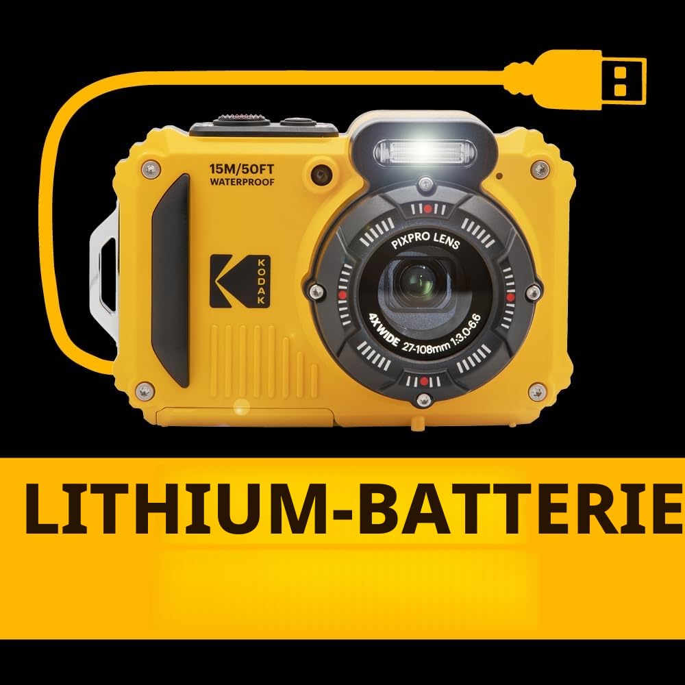KODAK Pixpro Pack WPZ2 + 2 batteries + 1 SD card - Digital camera compact 16M pixels, waterproof up to 15m, shockproof, video 720p, LCD screen 2.7 - Li-ion battery - yellow