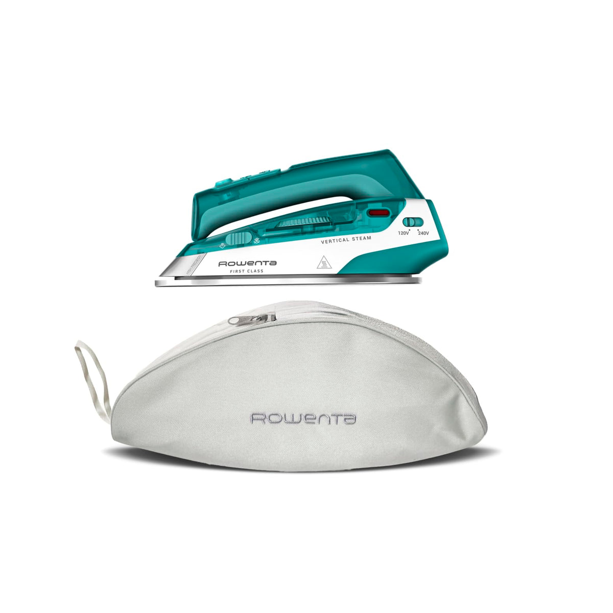 Fier de călcat cu aburi Rowenta First Class, format de călătorie pliabil, 45 g/min. impuls de aburi suplimentar, compact, ușor, încălzire rapidă, abur vertical, 1000 Watt, Alb/Petrol, DA1610E0