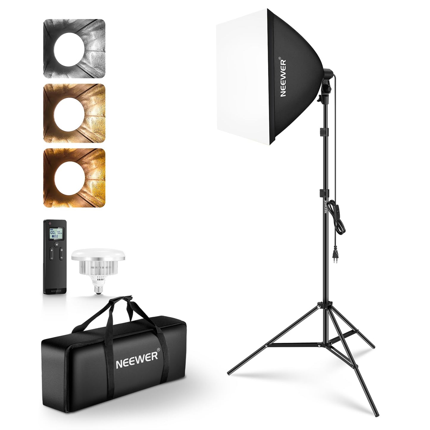 NEEWER softbox lighting set with tripod, 60x60cm soft box set, 45W bi-color 2.4G LED bulb, 20m remote control, 10 channels, 2900K-7000K, 1400lx/1m CRI95 photo studio video recording continuous light, NK104 - 10106926