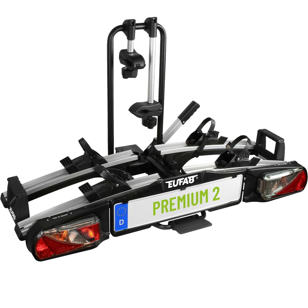 EUFAB 11521 bicycle carrier PREMIUM 2, suitable for e-bikes, completely pre-assembled, anti-theft protection, for 2 bicycles, for trailer hitch, black, silver