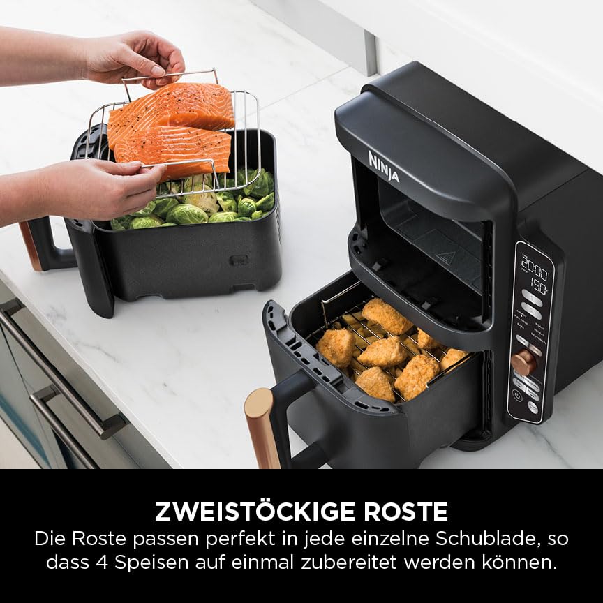 Ninja Double Stack XL Air Fryer, 2 Vertical Drawers, 4 Cooking Levels, 2 Shelves, Space Saving Design, 9.5L Capacity, 6 Functions, 8 Servings, Tongs, Black/Copper SL400EUCP