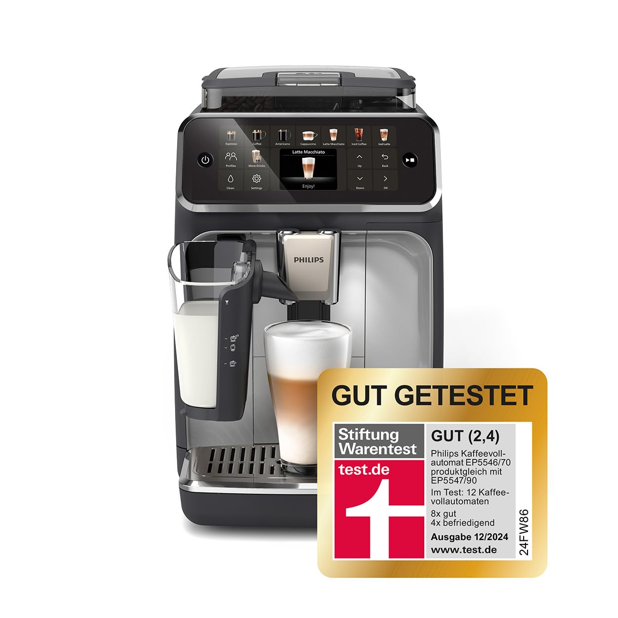 PHILIPS Series 5500 fully automatic coffee machine - LatteGo milk system, 20 hot and cold coffee specialties, 40% quieter with SilentBrew, QuickStart, black and silver (EP5546/70)