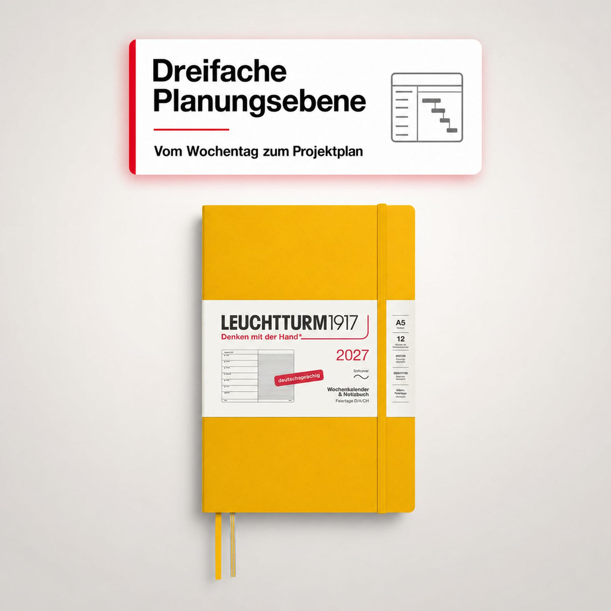 LEUCHTTURM1917 Calendar săptămânal 2027 mediu (A5) cu carnet - Jurnal german, floarea soarelui, copertă moale, ianuarie-decembrie 2027, prezentare generală săptămânală în stânga + pagină cu note în dreapta - 400070