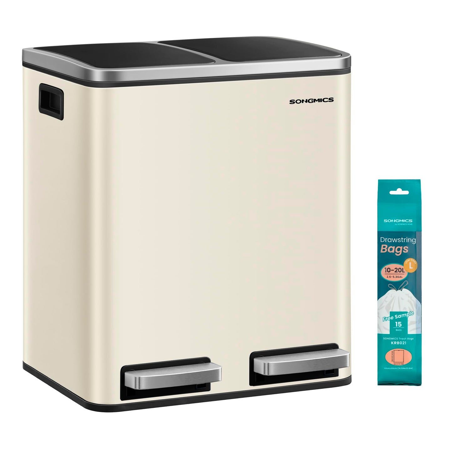SONGMICS kitchen trash can, 2 x 15 liters, waste separation system 2 compartments, including 15 trash bags, trash can, pedal bin, recyclable waste, organic waste, soft close lid, sand beige-ink black LTB30A02 - ULTB30A02