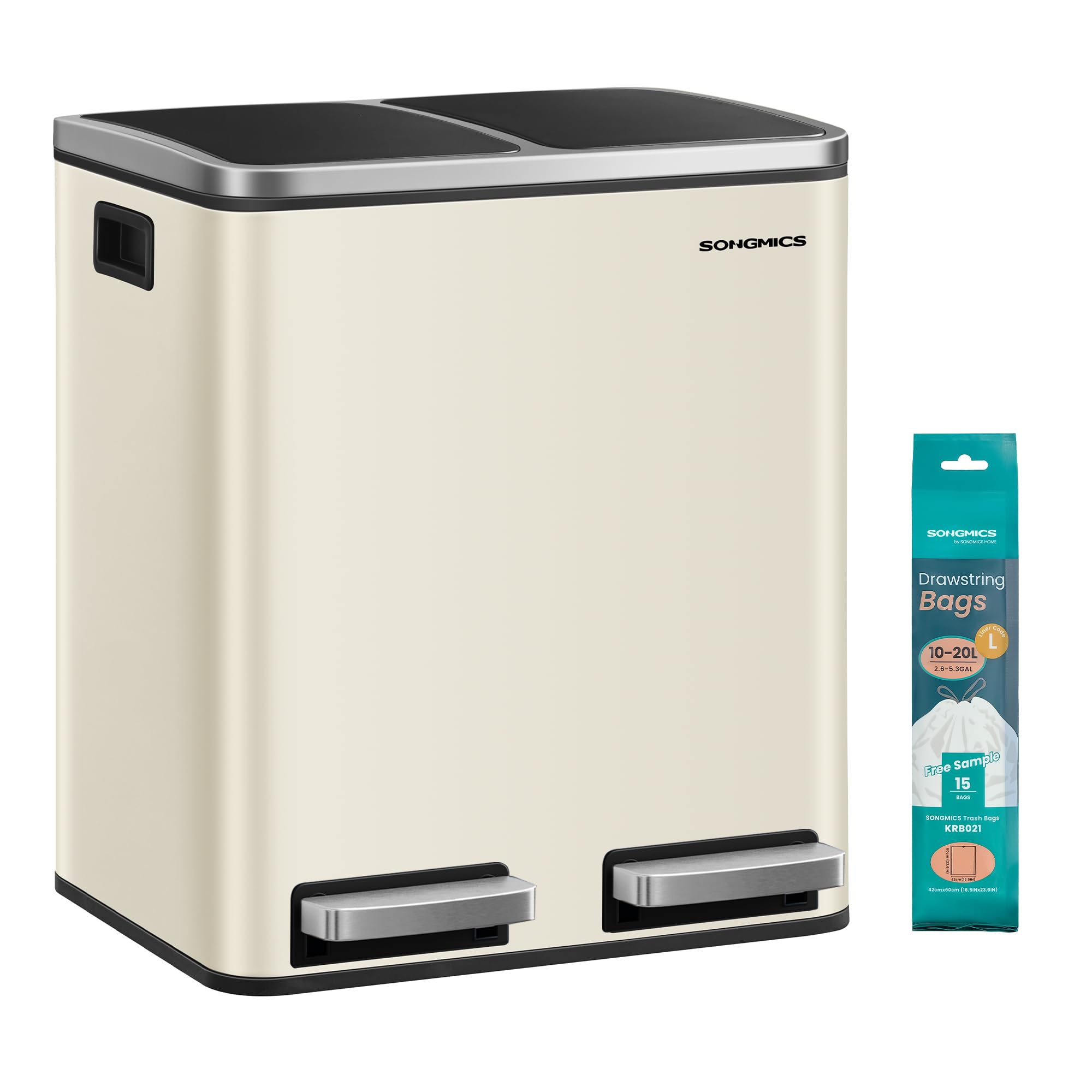 SONGMICS kitchen trash can, 2 x 15 liters, waste separation system 2 compartments, including 15 trash bags, trash can, pedal bin, recyclable waste, organic waste, soft close lid, sand beige-ink black LTB30A02 - ULTB30A02