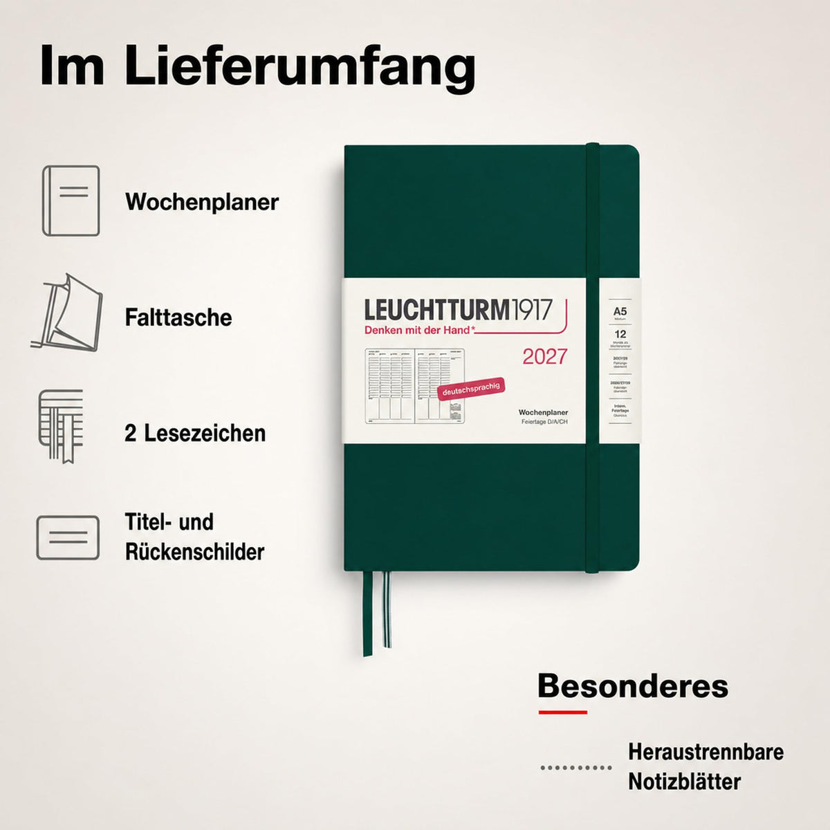 LEUCHTTURM1917 Weekly Planner 2027 Medium (A5) - German, Forest Green, 210 x 145 mm, January-December (12 months), weekly overview with hourly grid 7:00-22:00 per column, hardcover, 80 g/m² paper - 400150