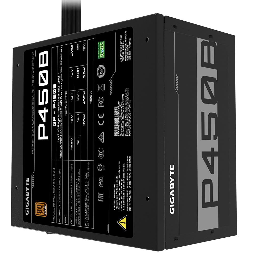 GIGABYTE P450B 450W ATX Power Supply, 80+ Bronze, 120 mm Fan - GP-P450B