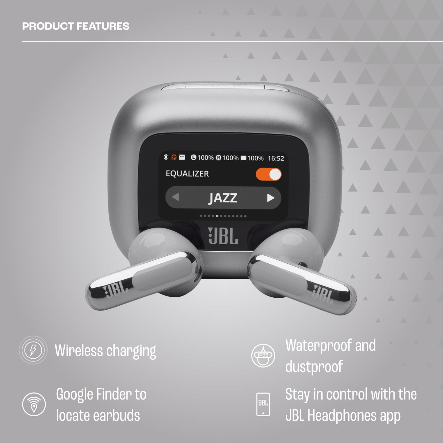 JBL Live Flex 3, wireless earbud headphones with Bluetooth, 50 hours of battery life, True Adaptive Noise Canceling and high-resolution JBL Signature Sound, IP54 waterproof, with earplugs, silver - JBLLIVEFLEX3SIL
