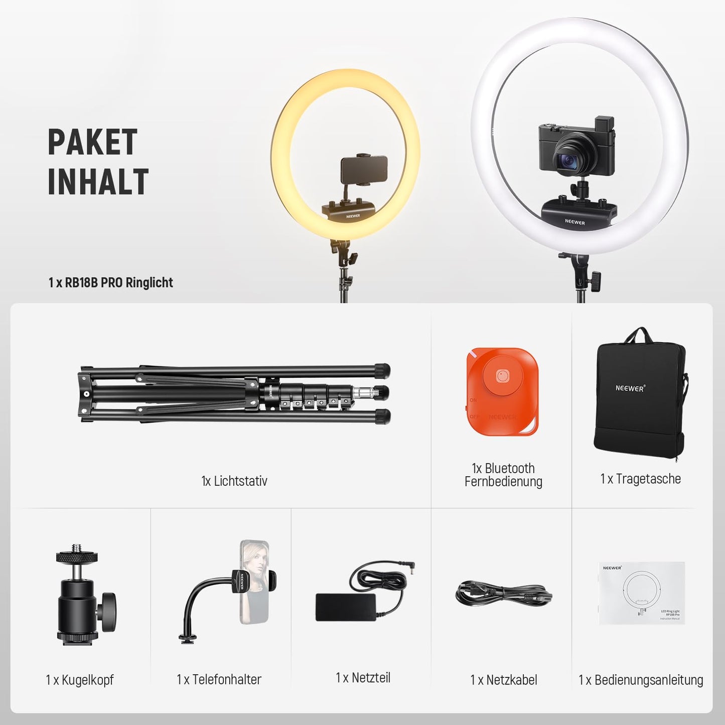 NEEWER Professional Ring Light with Stand and Phone Holder, 18" Ultra Thin, 45W 2900K-7000K TLCI98, Remote Shutter and App Control, Softer Lighting for Make Up Live Stream TikTok, RP18B Pro - 10103018