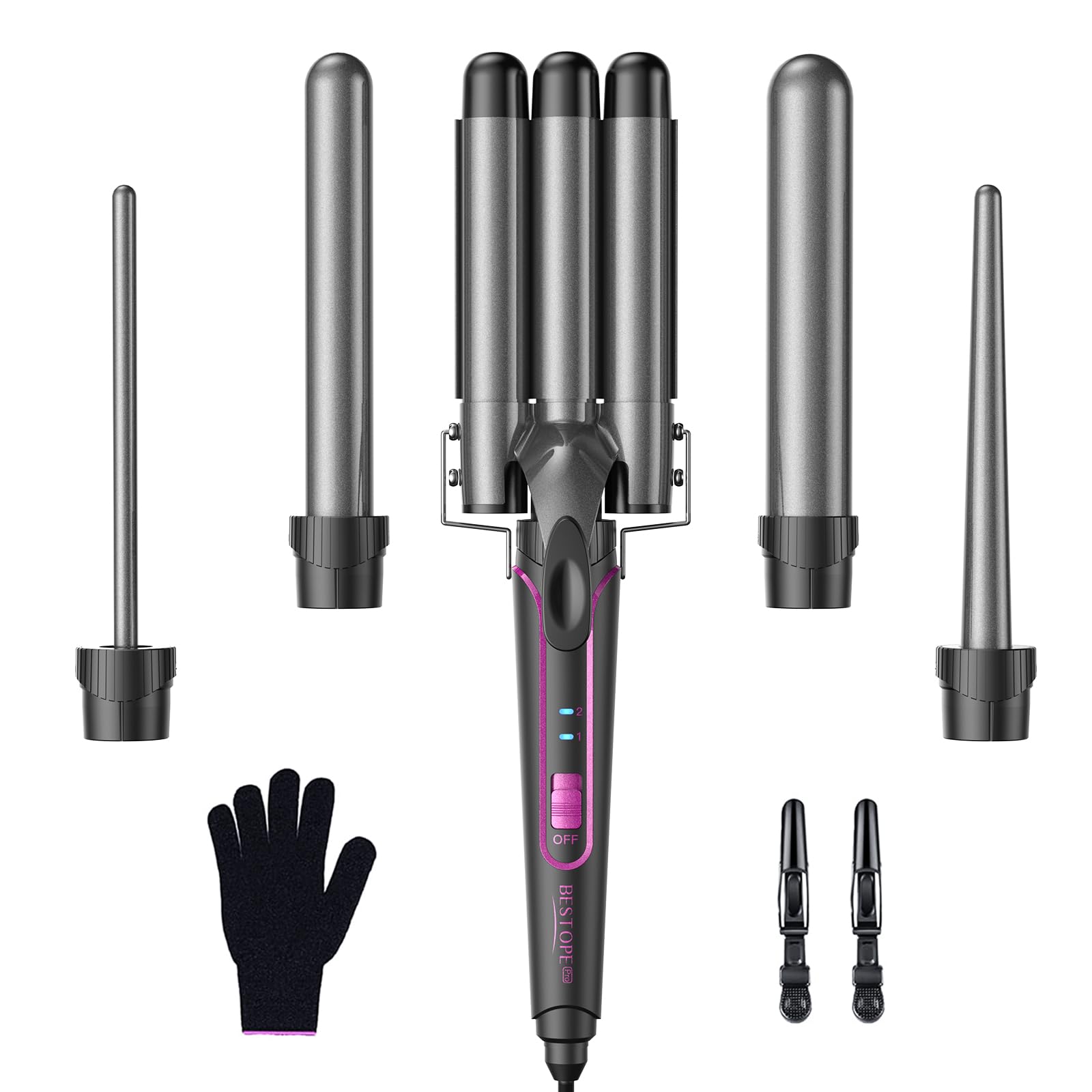 BESTOPE PRO Waver Curling Iron - 5 in 1 Curling Iron Set, Quick Heating Hair Iron with 2 Clips, Crimping Iron Curling Iron for All Hair Types, Storage Bag and Heat Protection Glove - MD-J18