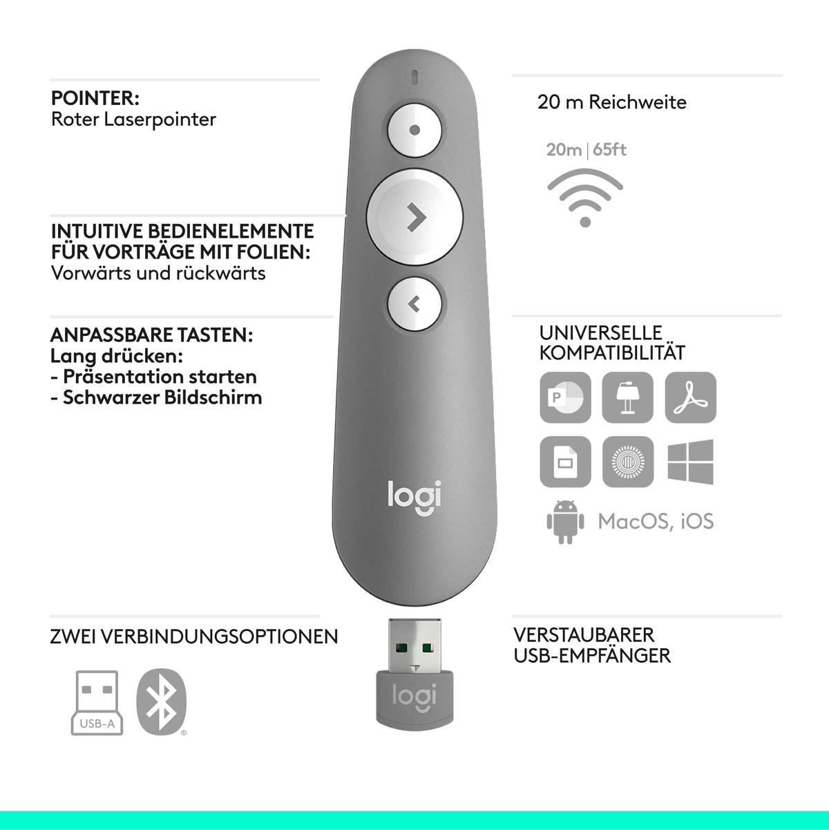 Logitech R500s Presenter cu laser de clasa 1 pentru Bluetooth și USB - 910-006520