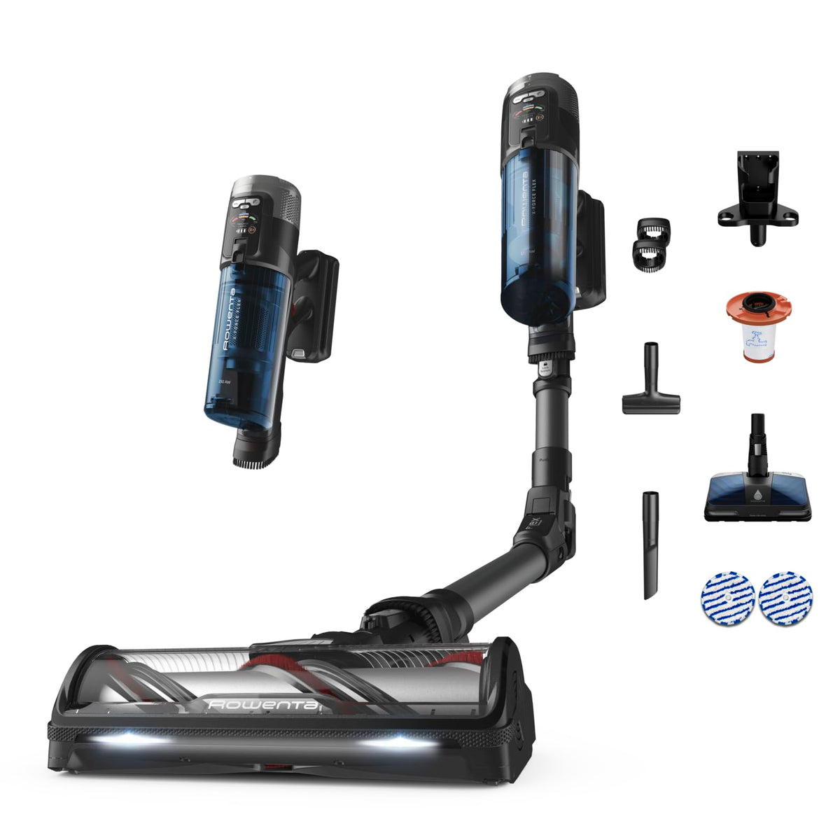 Rowenta X-Force Flex 12.60 Neo Allergy Aerospin Aspirator cu acumulator, 60 minute autonomie, 150 Air Watt, fără fir, ajustare automată a puterii de aspirație, tehnologie Flex, display LED, albastru/gri, RH9LC0WO