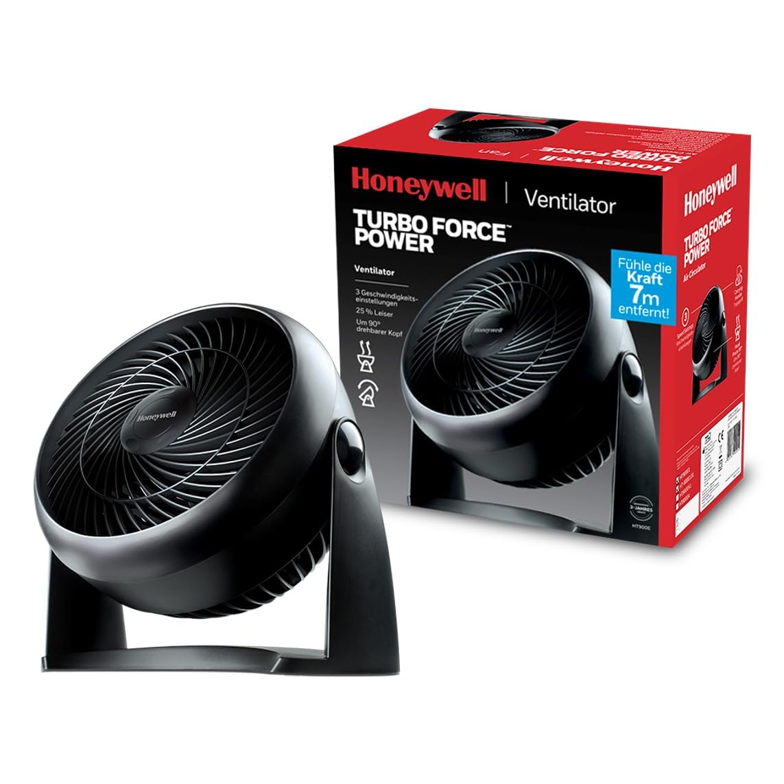 Honeywell TurboForce Turbo-Ventilator (Geräuscharme Kühlung, verstellbarer Neigungswinkel bis zu 90°, 3 Geschwindigkeitseinstellungen, Wandmontage, Tischventilator) HT900E, Schwarz - HT900E4