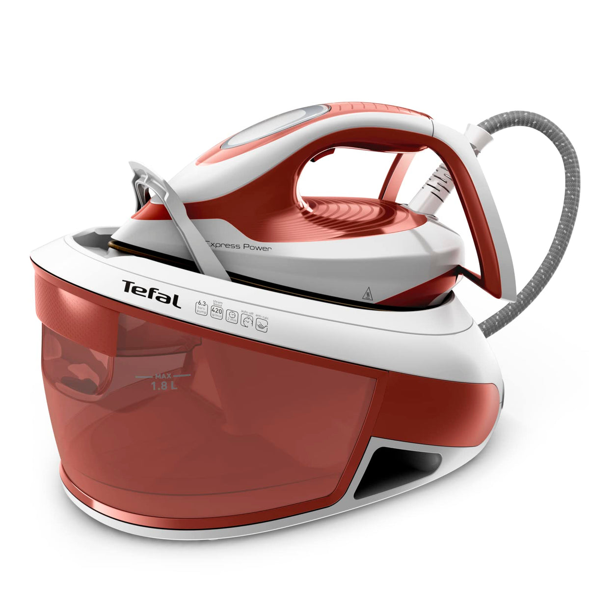 Tefal Express Power Steam Ironing Station, scale collector, Smart Temp technology, 420 g/min steam boost, 6.3-bar pressure, eco mode, 1.8 L water tank, steam iron with ironing station, terracotta, SV8110
