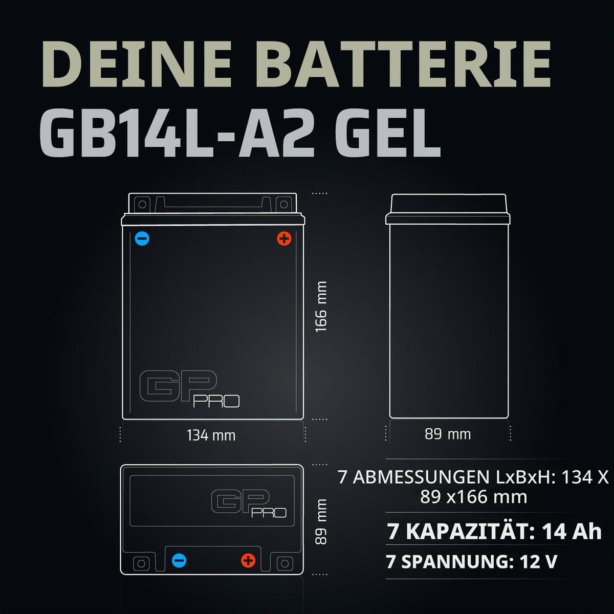 GP-PRO gel battery GB14L-A2 maintenance-free compatible with Piaggio X9 500 - GP-009