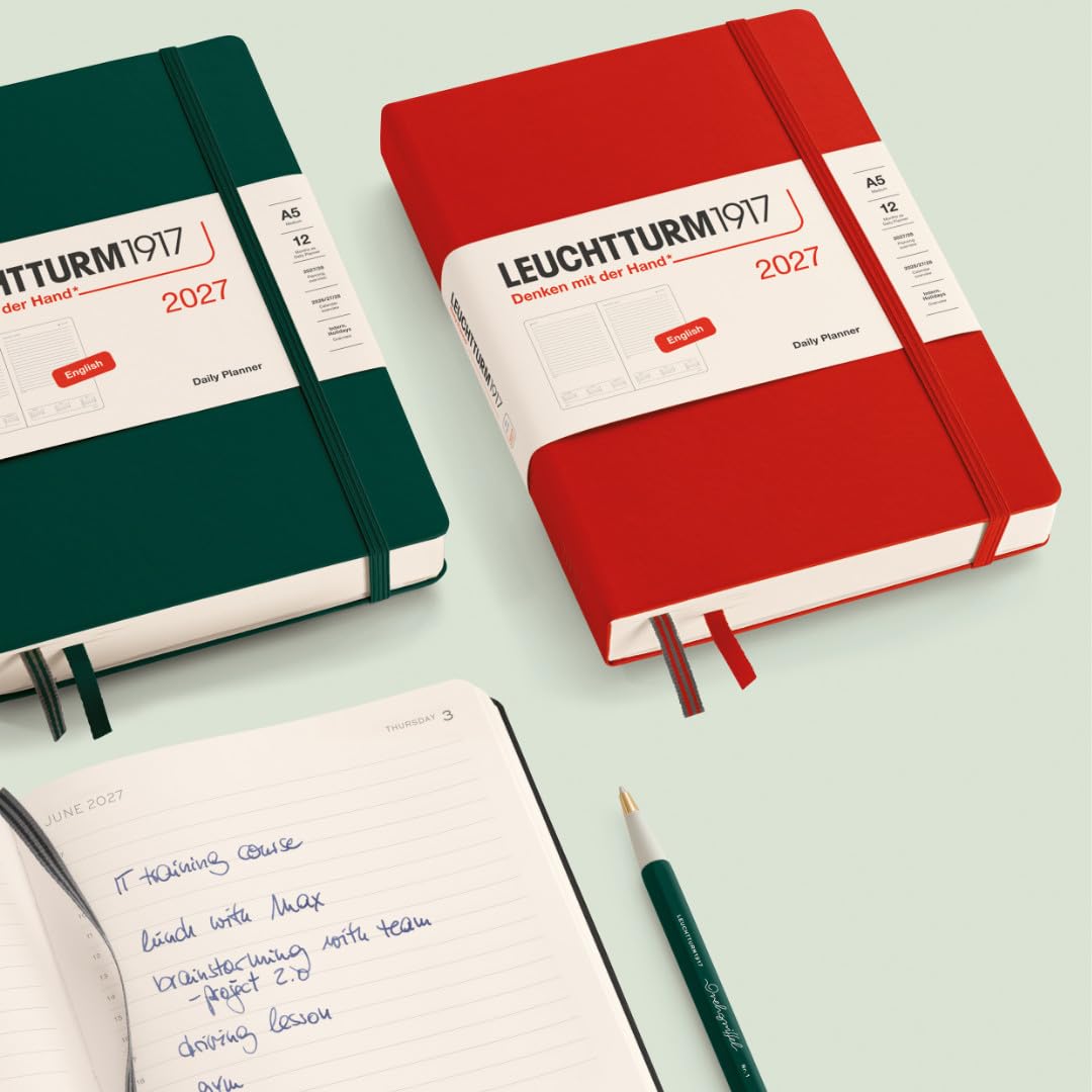 LEUCHTTURM1917 Daily Calendar 2027 Pocket (A6) - English, Black, 90 x 150 mm, January-December (12 months), 1 page per day, hourly grid 7:00-22:00, hardcover, 80 g/m² paper - 400331