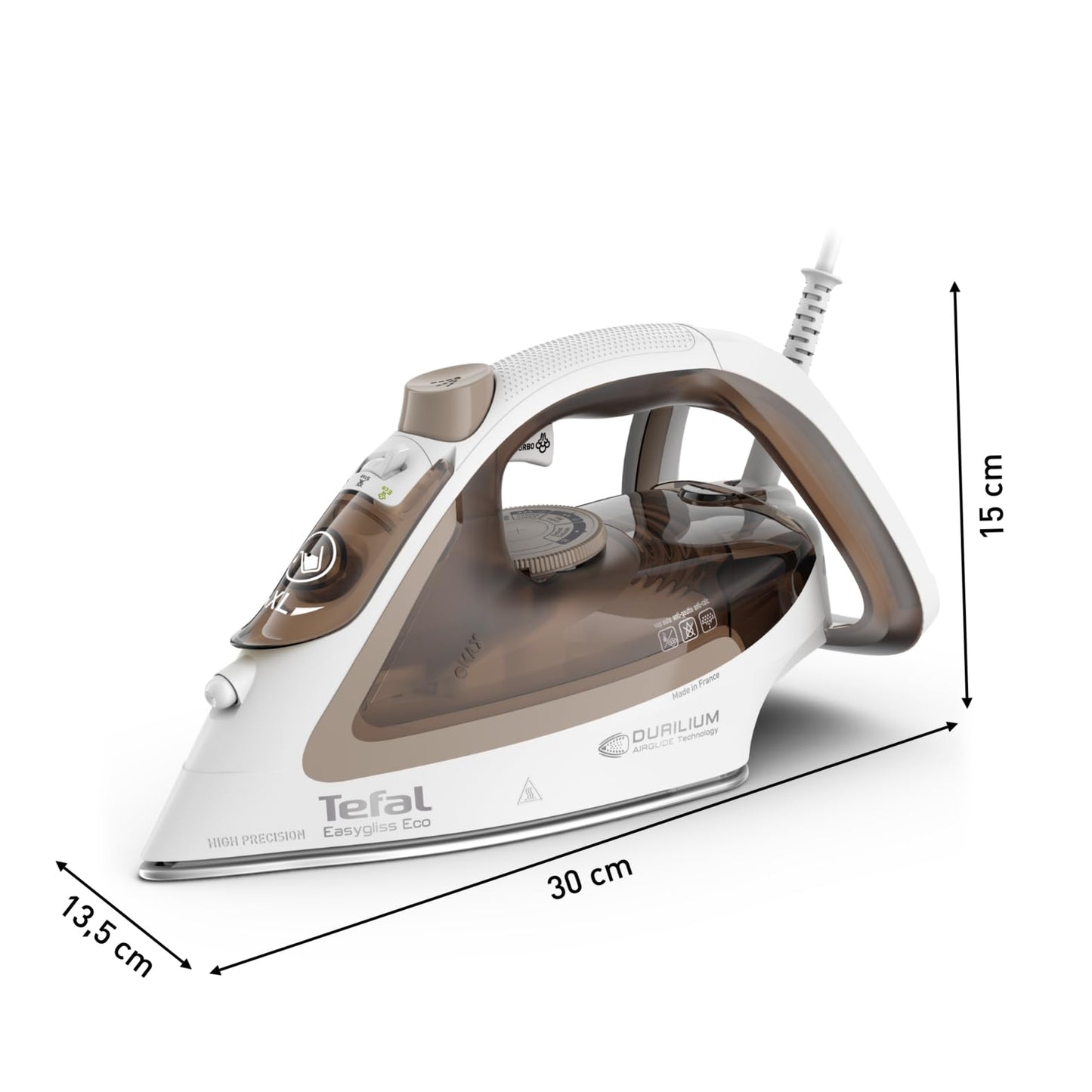Tefal Easygliss Eco steam iron, 2800 watts, 240 g/min. Steam burst, 50 g/min. automatic steam, vertical steam, Durilium AirGlide soleplate, 88% recyclable, eco mode, mocha/white, FV5780 - FV5780E1