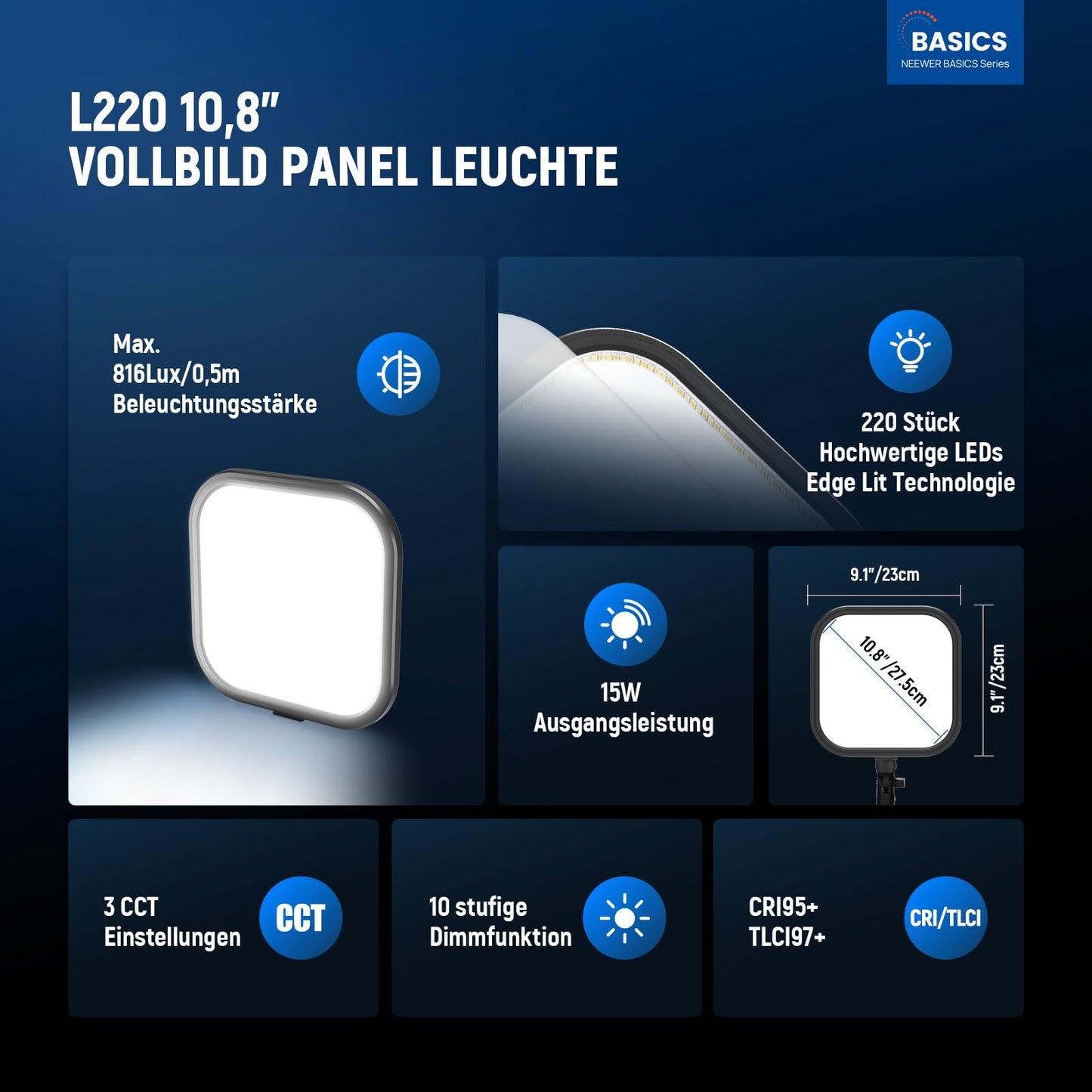 NEEWER 15W 10.8" LED video light panel light set with 63" tripod/mobile phone holder, Edge Lit two-tone dimmable full screen video light 816Lux CRI95+ for photography film recordings and streaming, L220