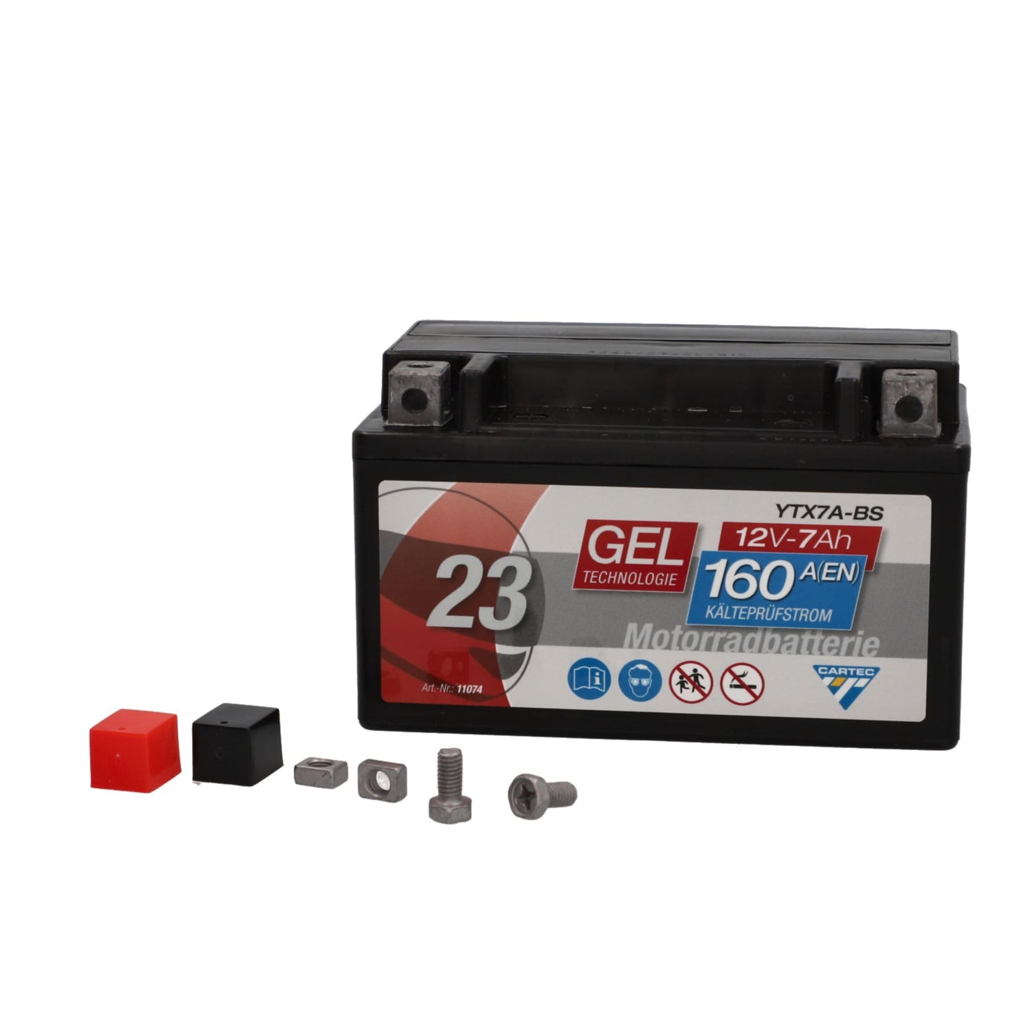 CARTEC motorcycle battery YTX7A-BS, 7Ah, 160A, gel technology motorcycle starter battery, original equipment manufacturer quality, cycle-proof, storable, maintenance-free, black - 11074
