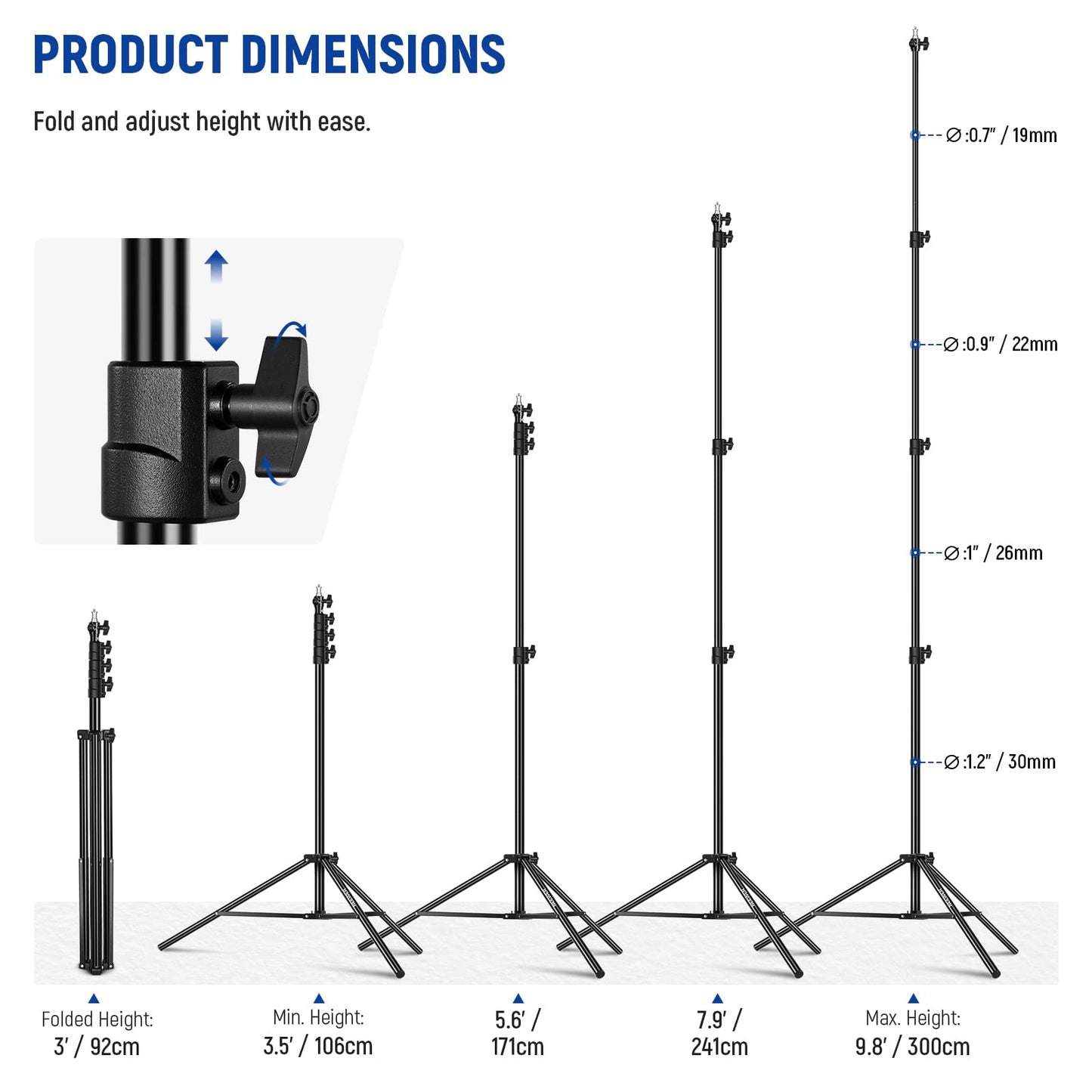 NEEWER 3m light stand, air-cushioned heavy duty metal tripod for ring light photography lamps with 1/4" to 3/8" screw adapter and 3-way interfaces, load capacity: 2.5kg, ST-300AC