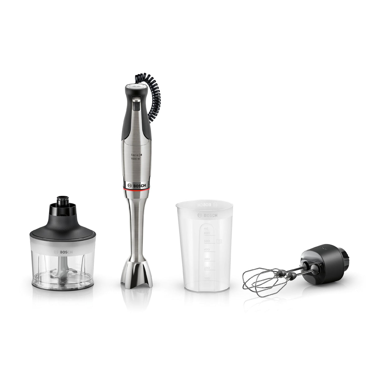 Bosch Hand Blender, Mixing Cup, Universal Chopper, Double Whisk, Stainless Steel Blades, Dishwasher Safe, Spiral Cable, 1500 Watts, ErgoMaster Series 8 MSM8M934