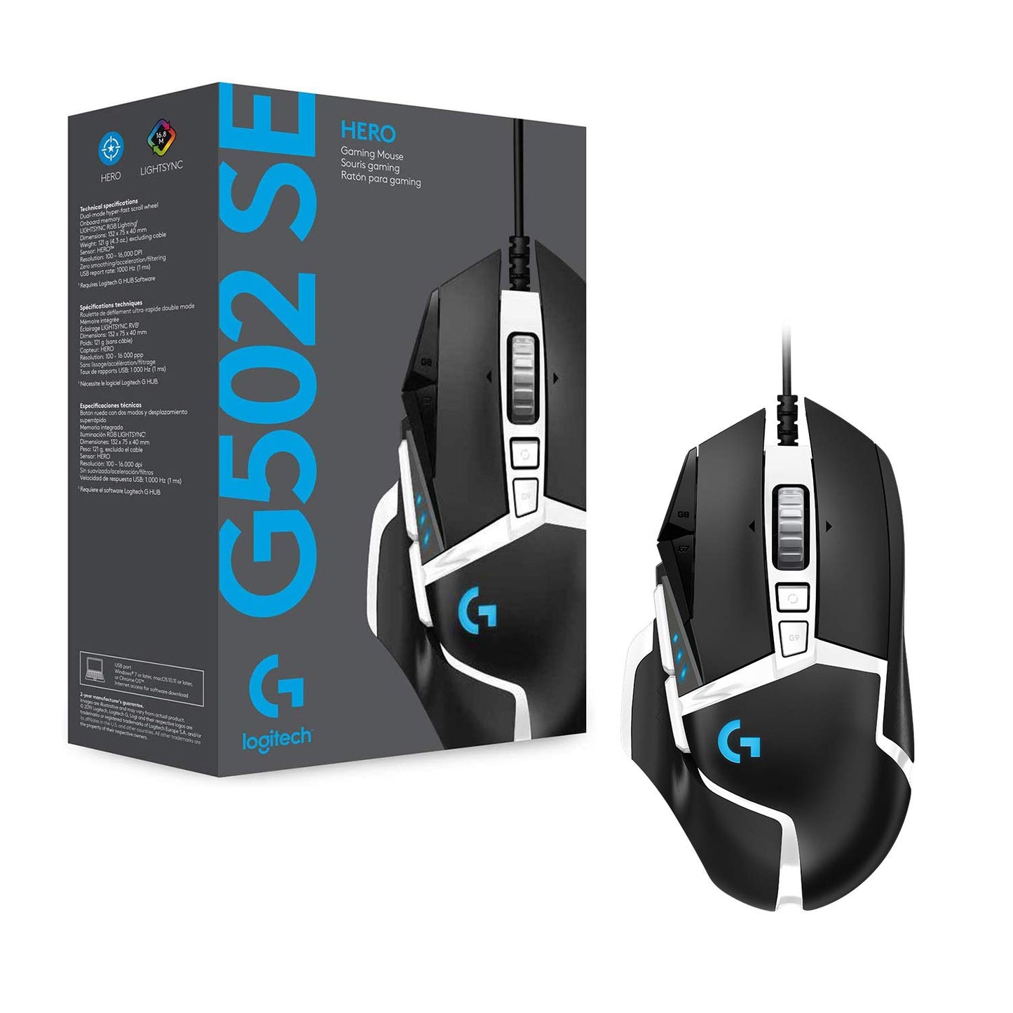 Logitech G502 HERO gaming mouse special edition with HERO 25K DPI sensor, RGB lighting, weight tuning, 11 programmable buttons, customizable game profiles, PC/Mac - black/white
