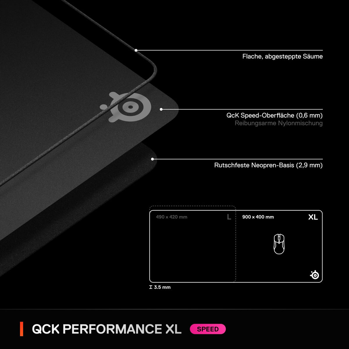 Steelseries QcK XL Performance Speed Gaming Mousepad – Extra thick for smooth gliding – Flat, stitched edges – Non-slip neoprene rubber base – 900 x 400 mm – FPS, MOBA, RTS, MMO - 63431