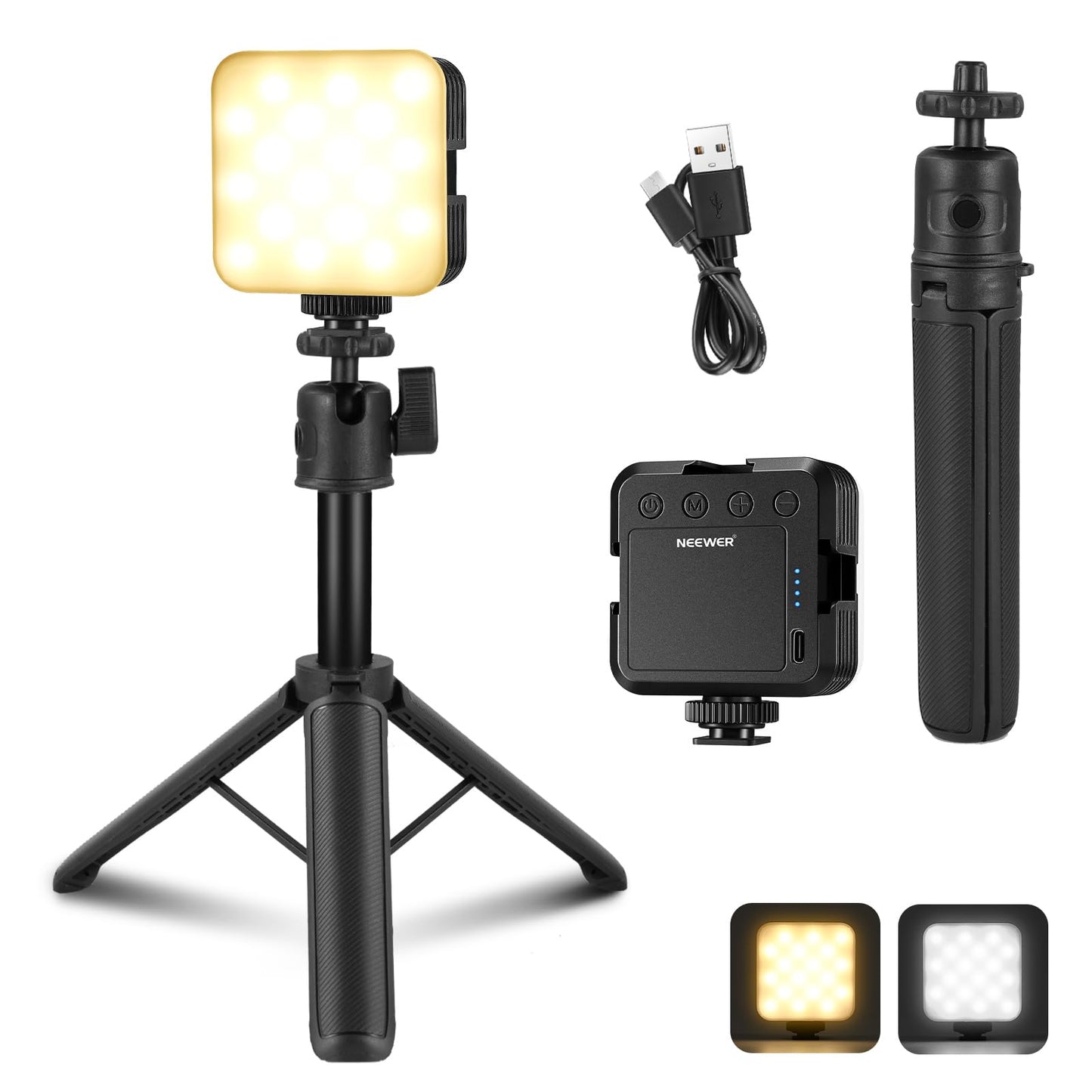 NEEWER LED camera video light with table tripod, portable two-tone 3200K-5600K dimmable small panel studio lighting, CRI 97+, 8 scenes, 2000mAh rechargeable battery for vlog recording, NL-36AI