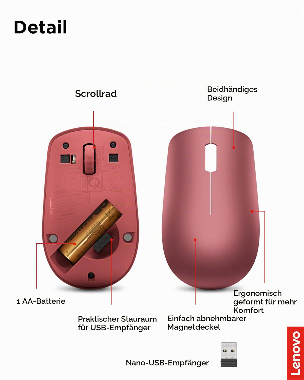Lenovo 530 Mouse Wireless, design ambidextru, conexiune Nano-USB, compatibil cu laptopuri și PC-uri Windows, roșu cires - GY50Z18990