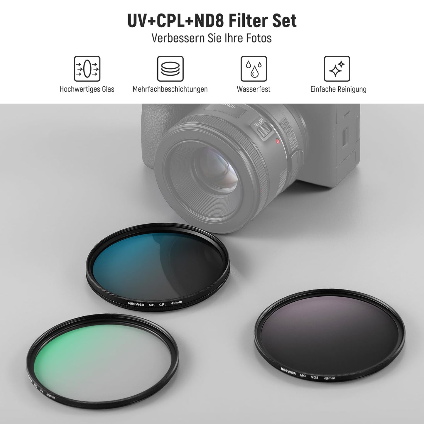 NEEWER 49mm UV CPL ND filter set, UV protection + circular polarizing filter + gray filter (ND8) camera lens filter set with multi-coated optical glass, slim frame and improved storage case - NW