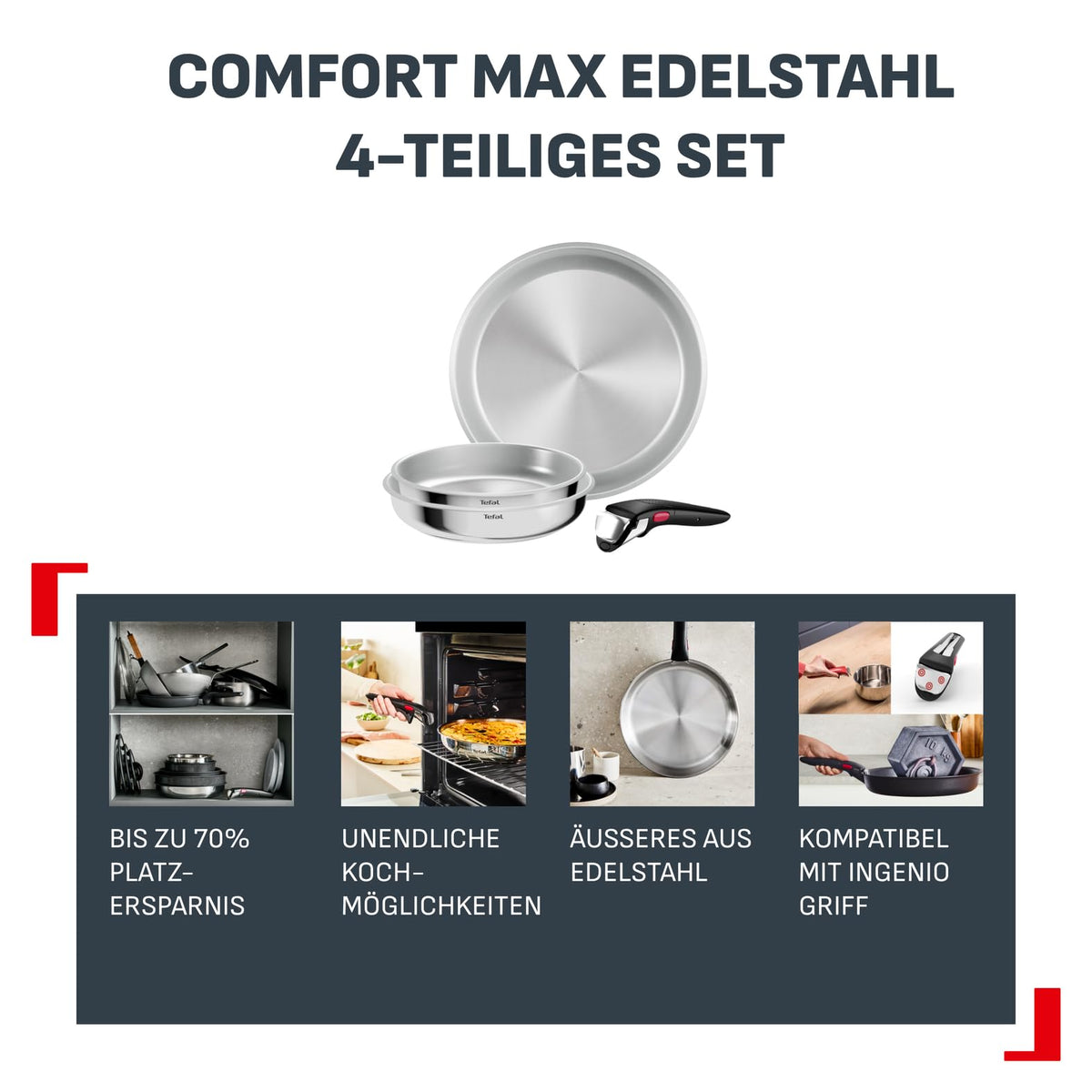 Set de tigăi Tefal Ingenio Comfort Max 4 piese, neîntărit - L968S434