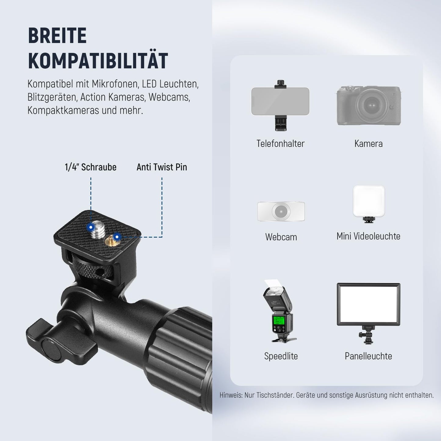 NEEWER overhead camera mount with cell phone clip, 56cm long clamp-mounted flexible holder for table tripod, 180° & 360°, for tubes with 22-28mm, load capacity 2.5kg, for camera ring light mic, DS009 - 10103955