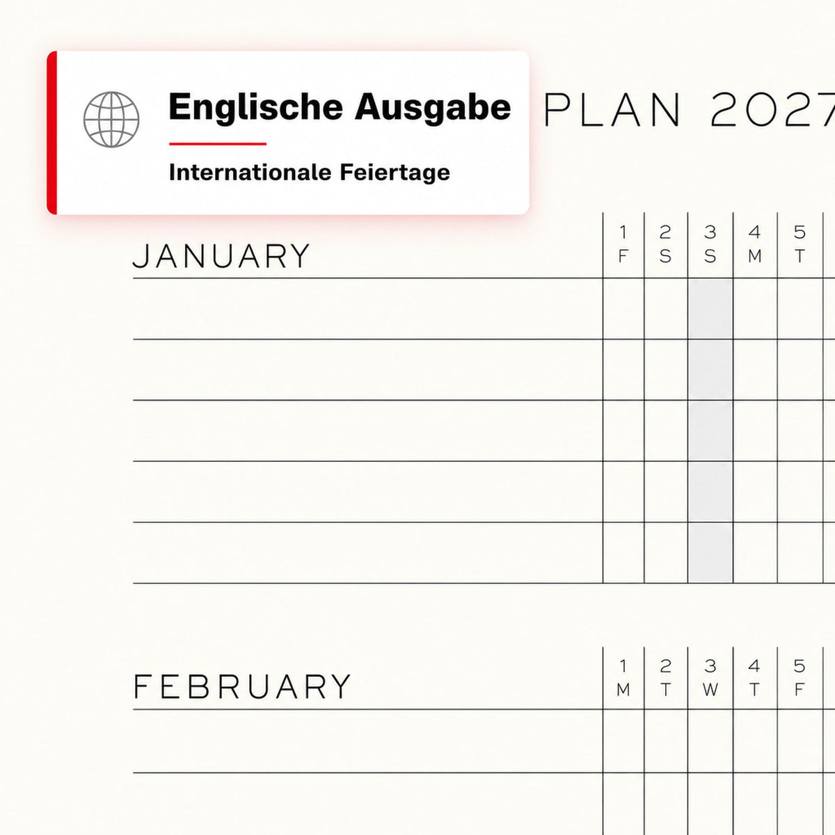 LEUCHTTURM1917 Daily Calendar 2027 A4+ (Master) - English, Black, 225 x 315 mm, January-December (12 months), 1 page per day, hourly grid 7:00-22:00, hardcover, 100 g/m² paper - 400323