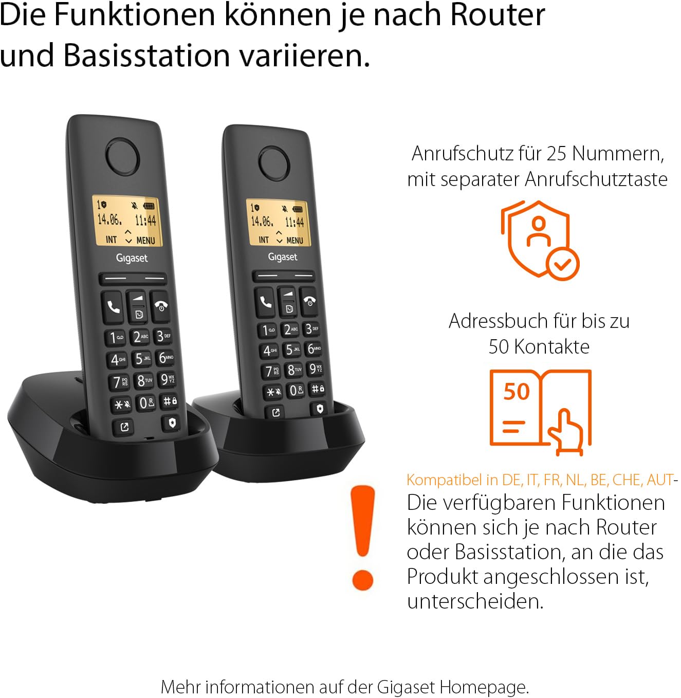 Gigaset Pure 120 Duo - 2 cordless telephones with call protection and ECO DECT - illuminated display - hearing aid compatible, anthracite black [Compatible in DE, IT, FR, NL, BE, Che, AUT] - L36852-H3105-R143