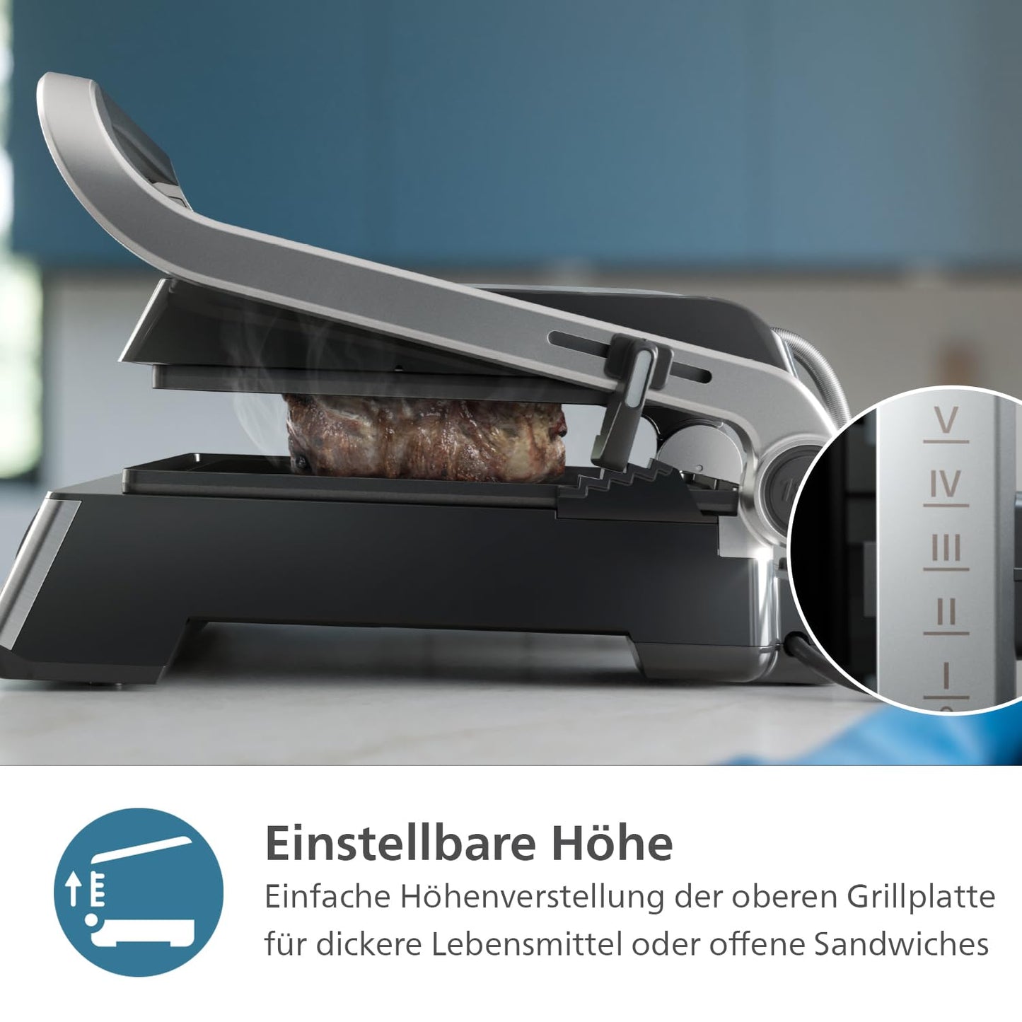 Philips contact grill - adjustable temperature 60°C-200°C. Can be opened 180°. Large grill area and high power performance. Removable non-stick plates and fat drip tray. (HD6301/90)