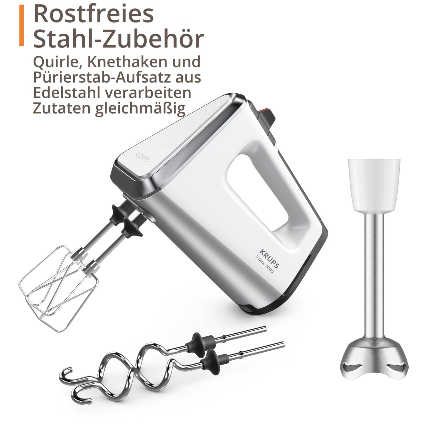 Krups 3 Mix 9000 hand mixer, 750 watts, speed control, turbo mode, ergonomic handle, hand mixer incl. whisk, dough hook, blender attachment, measuring cup, white/silver, GN9121