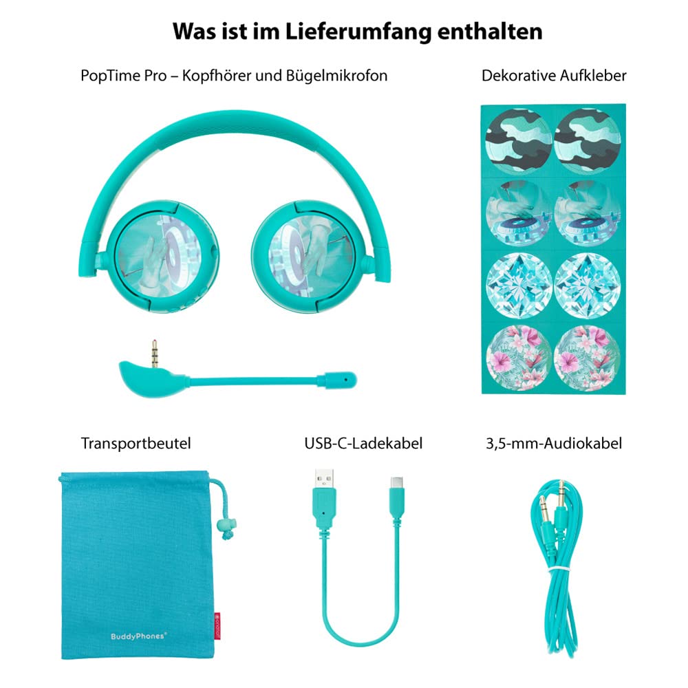 Brand new and “Made for Amazon”: BuddyPhones PopTime Pro Bluetooth children's headphones with volume limiter and boom microphone (ages: 3-12 years), teal - BT-BP-POP-TIMEP-TEAL